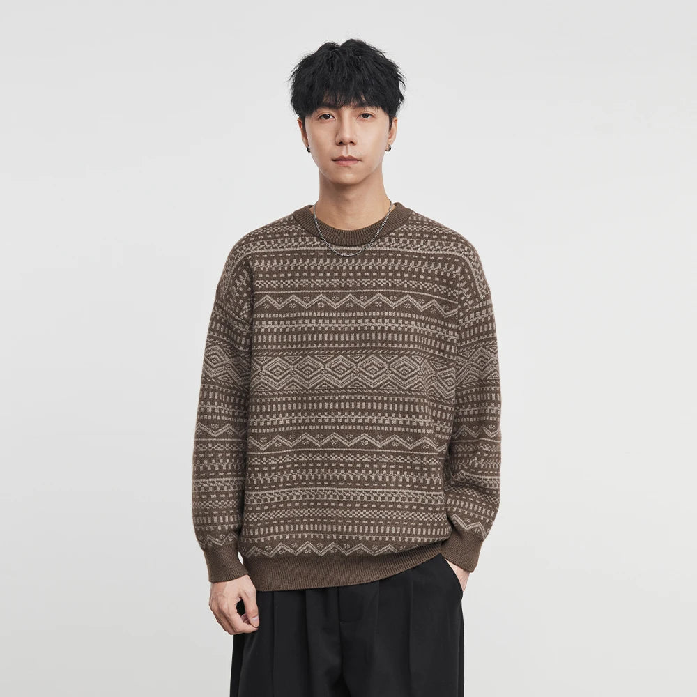 Fashion Men's Knitwear 2025 Autumn Winter New Season Lazy Fair Isle Contrast Retro Loose Crewneck Sweater Pullover