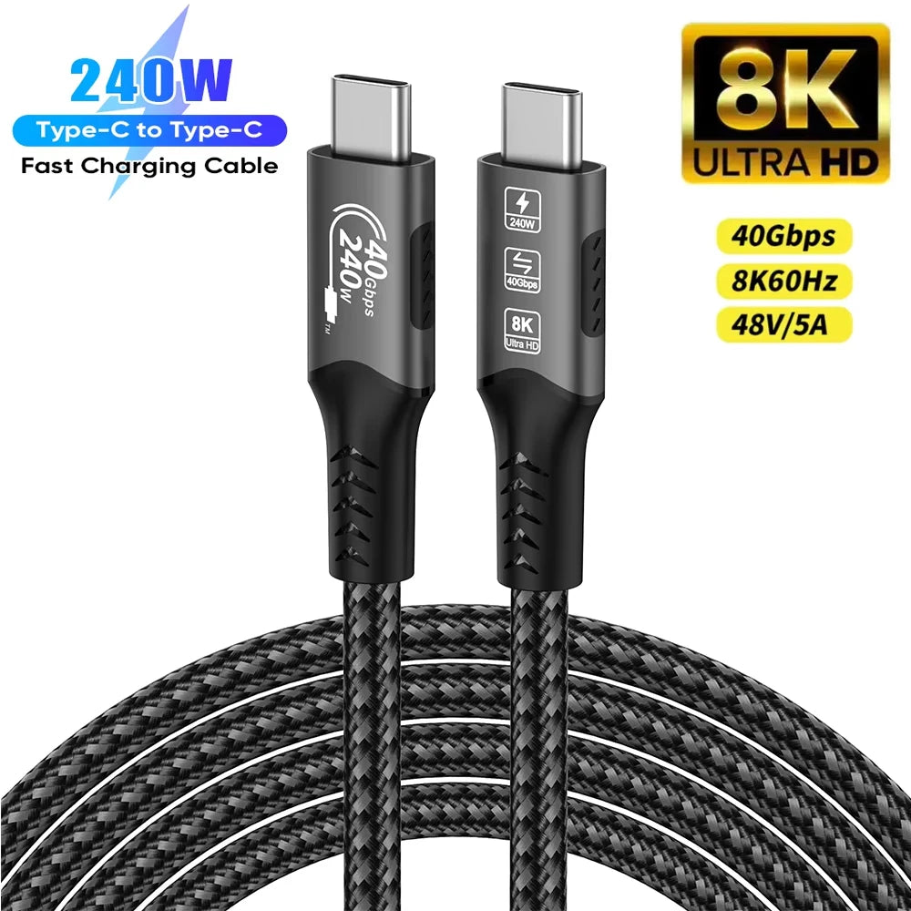USB4 Cable Thunderbolt 3/4 40Gbps USB-C 8K Video Cable PD240W Fast Charger Suitable for iPhone 16 Macbook Hard Disk Data Cable