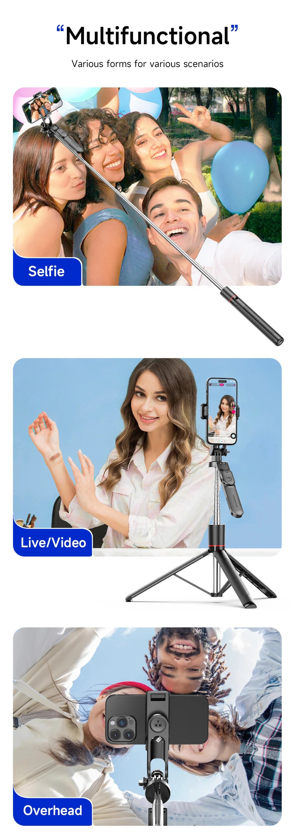 MEUYAG Selfie Stick Tripod with 1708mm Long Monopod Fill Light, Bluetooth Remote, 360° Rotation, 1/4 Interface, for mobile phone