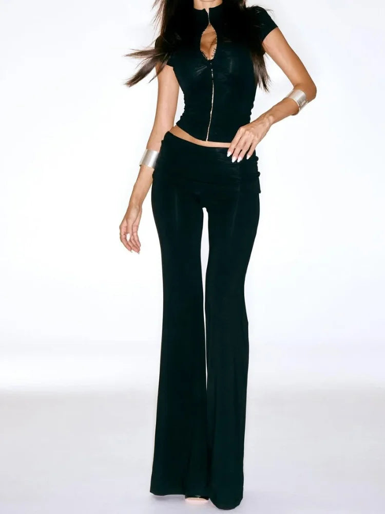 Women's Fashion Short Sleeve Pants Set Chic Tight Zipper Top Straight Leg Low Waist Trousers Casual Streetwear Commute Outfit