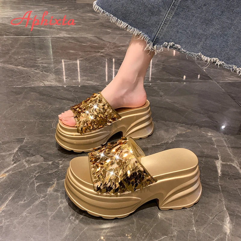 Aphixta Platform Sequined Cloth Sandals Slippers Women 8CM High Wedge Slides Women Shoes Gold Beach Slides Shoes