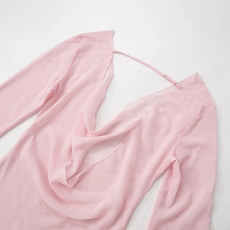 Women Dresses Autumn New Pink See Sexy Through Backless Low Chest Mini Dress Streetwear Fashion Lace-up Long Sleeves Lady Dress SwiftNest