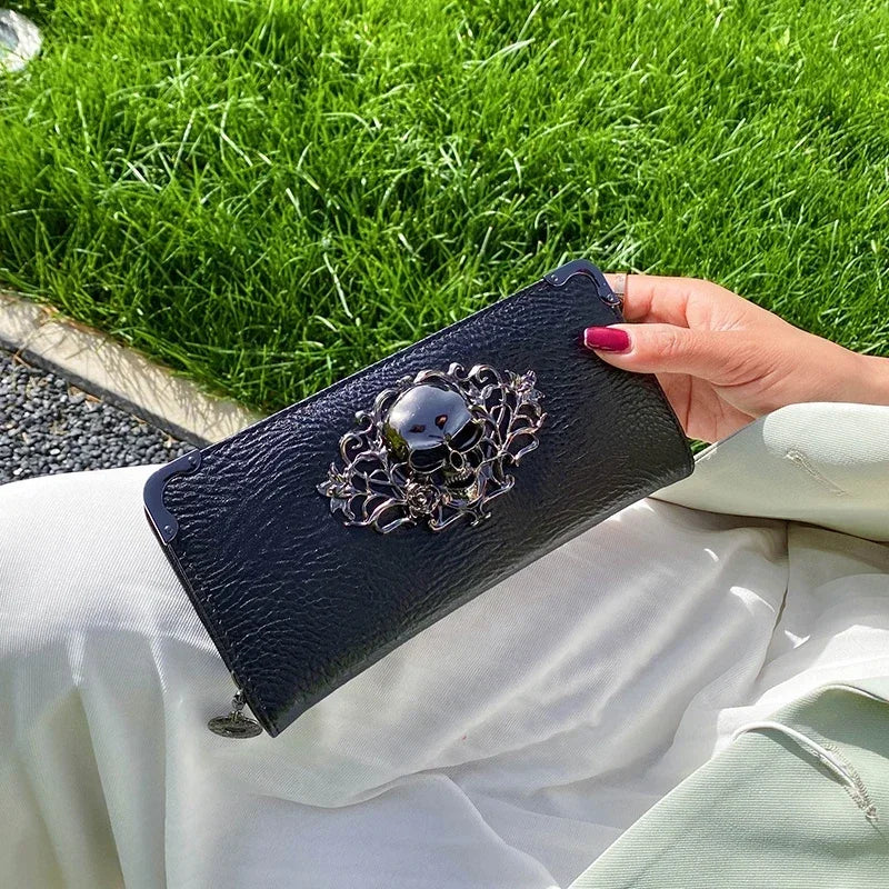 محافظ طويلة للنساء والرجال بتصميم علامة تجارية فاخرة شهيرة، محافظ على شكل جمجمة بانك للسيدات والفتيات، وجيب للنقود وحامل للبطاقات وحقيبة للهاتف