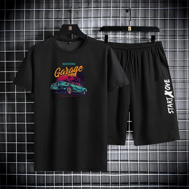 2025 Summer Outdoor Sports Suit Men's Short-sleeved Shorts Casual Fashion Two-piece Set Breathable Quick-drying Fitness Clothes