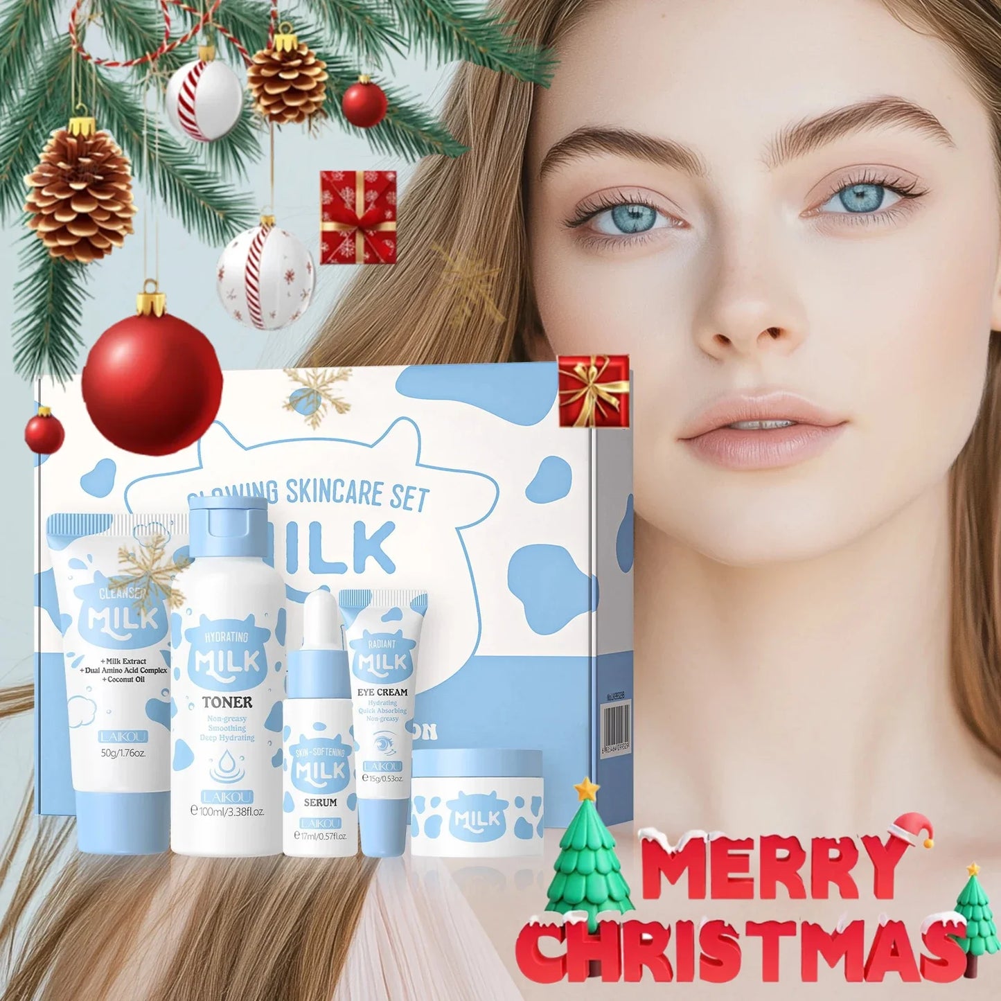 Milk Brightening 5-Piece Skincare Set - Hydrating & Brightening Includes Cleanser Toner Serum Eye Cream Moisturizer