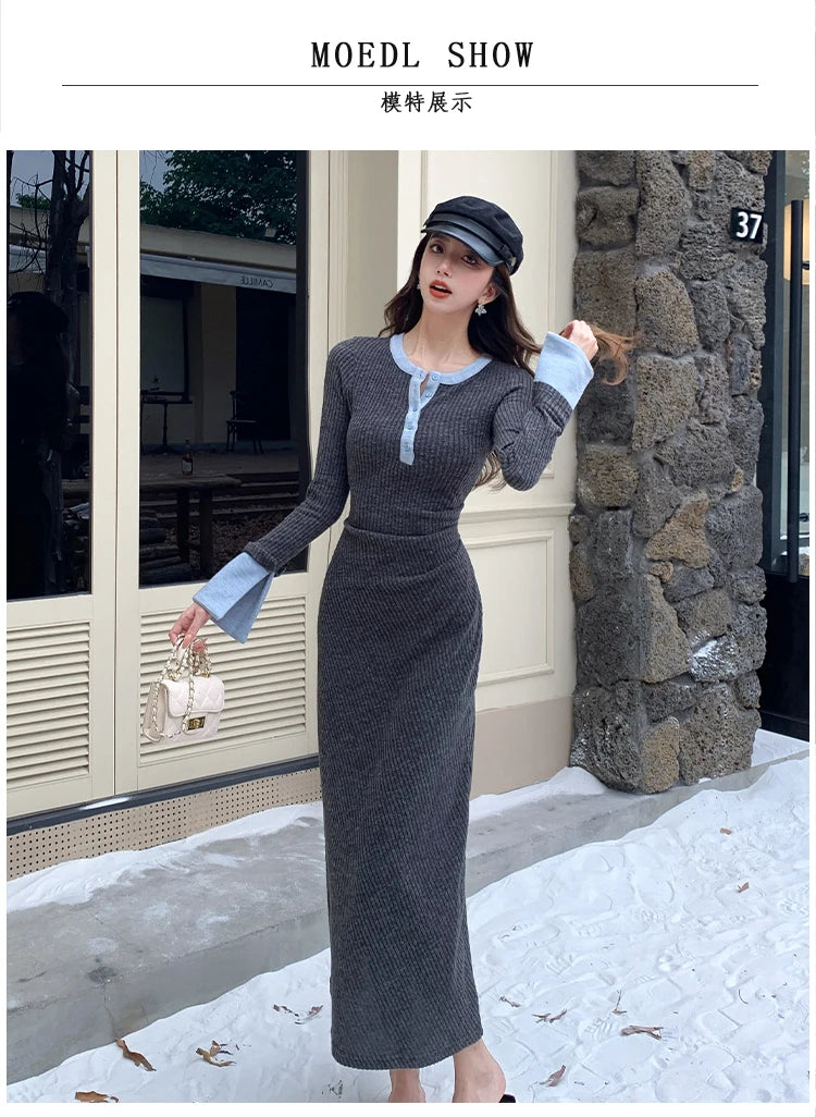 2025 Spring New Women Fashion Casual O-neck Party Dresses Ladies French Elegant Slim Waist Knitted Long Dress Vestidos Longos