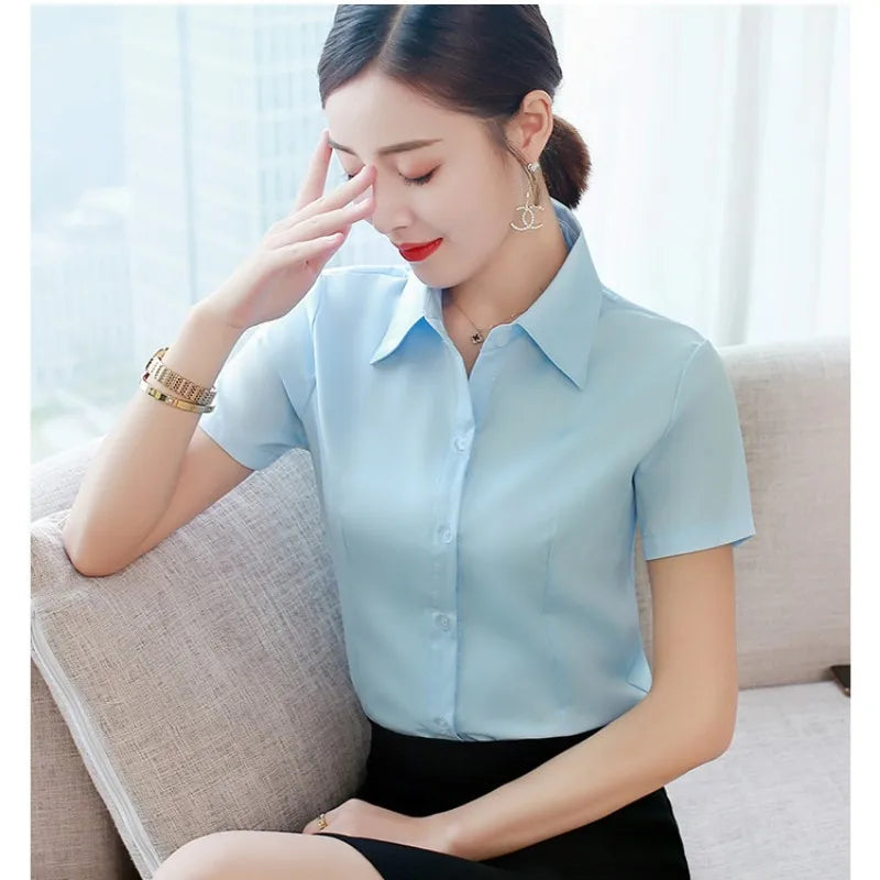 Fashion White Shirts Woman 2025 Autumn Short Sleeve Blouse Solid Ladies Tops OL Female Clothing  Basic Work Shirt Women's Blouse SwiftNest