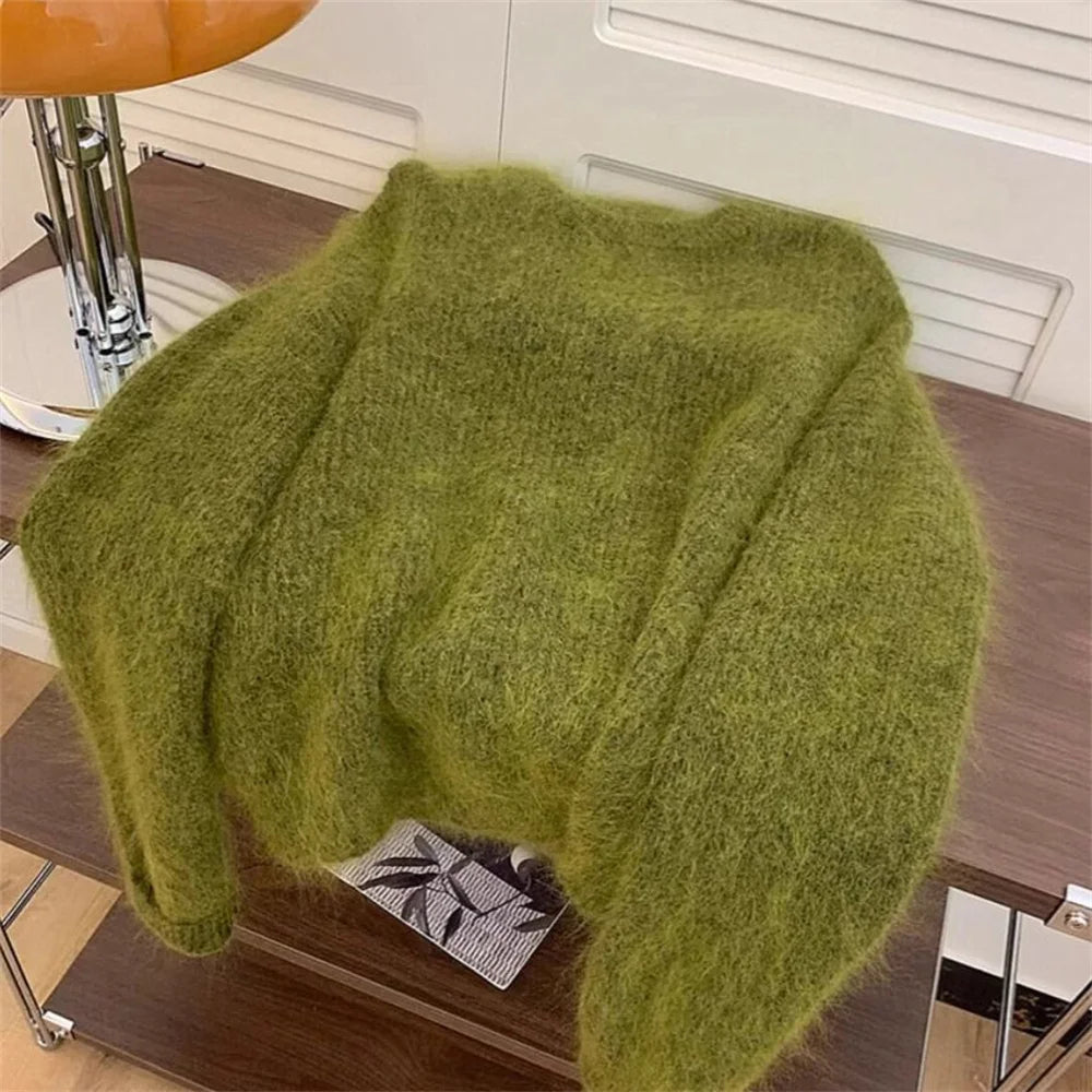 Women's Fashion Simple Casual Green Soft All Match Knitted Sweater Female O Neck Long Sleeve Loose Pullover Tops Sweaters Winter