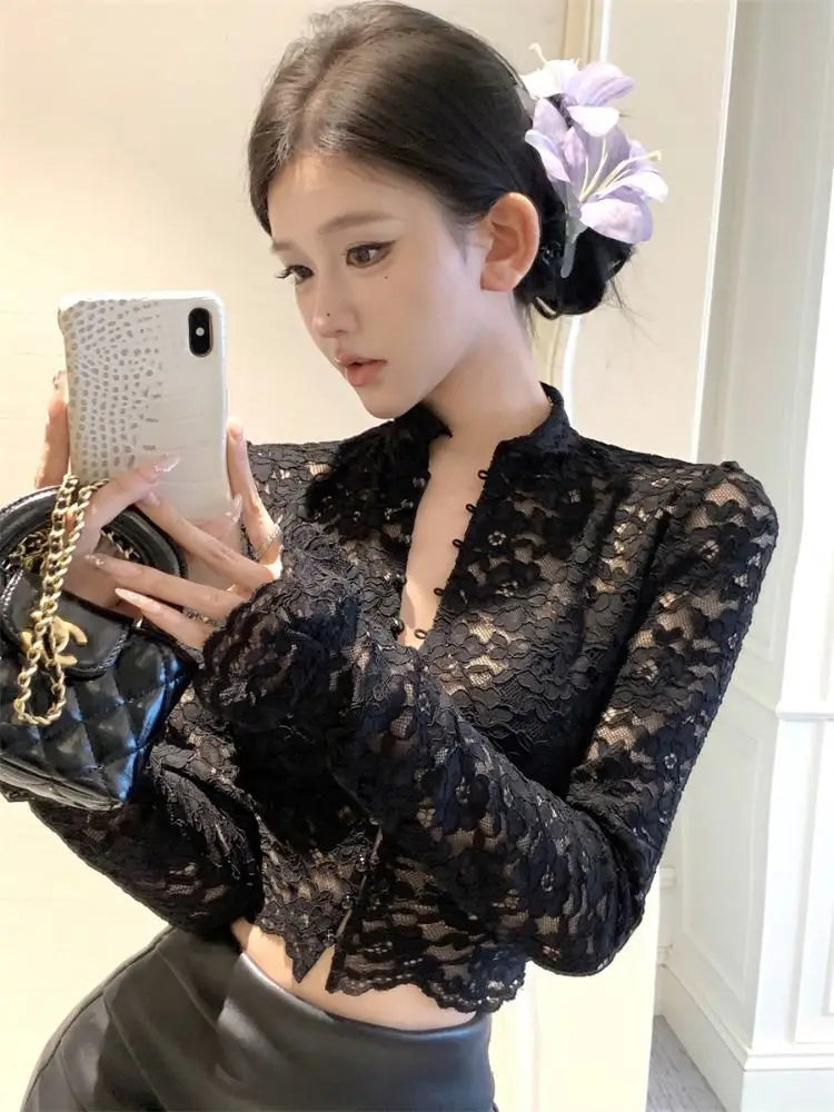 Women Clothing Spring Autumn Fashion Simplicity Trend Lace Button Solid Color Ladies Pure Desire Wind Bottoming Shirt Cardigan