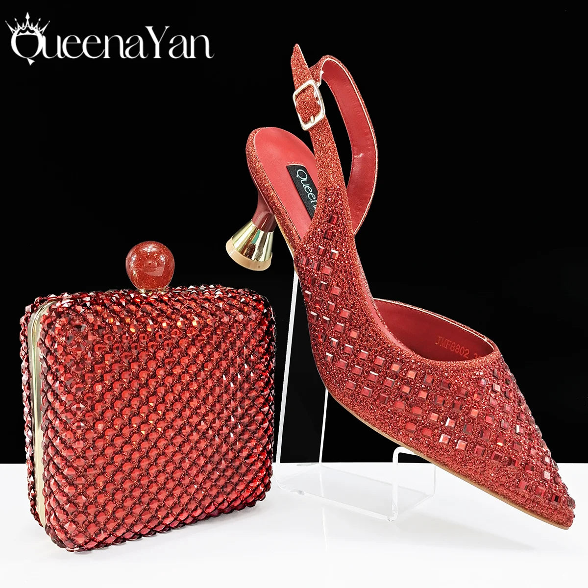 Queena Yan Italian Design Rhinestone Luxury Green Colour Pointed Toe Shoe & Bag Set Women's High Heels for Parties High Quality