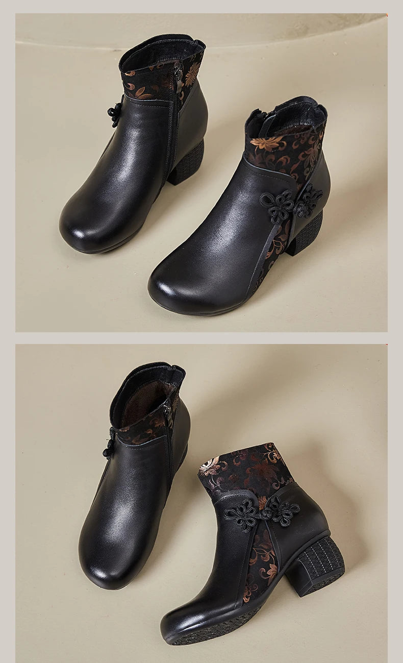 GKTINOO Genuine Leather Ankle Boots 2025 Winter New Ethnic Printed Women's Boots Soft Soles Thick Heels Mother's Leather Boots