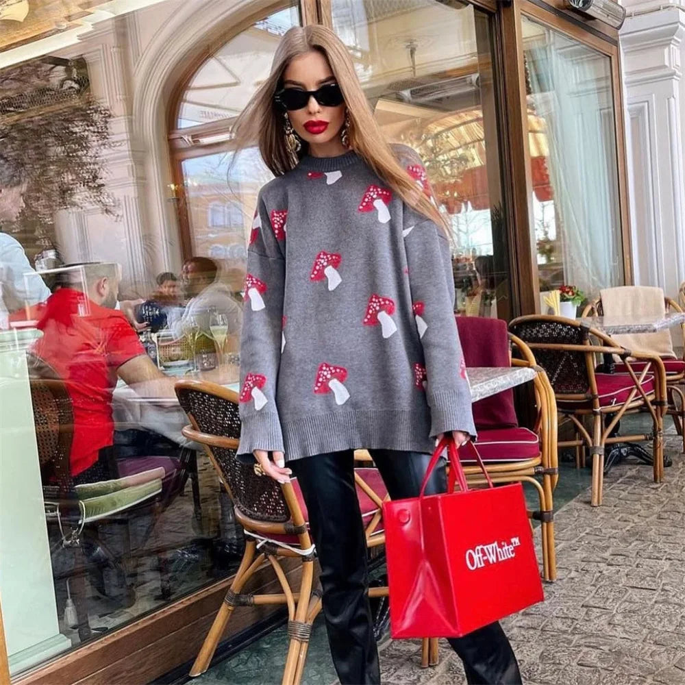 Women's Clothing Trend 2024 New Fashion Mushroom Graphic Print Sweater Long Sleeve Plus Size Tops Loose Casual Street Pullovers