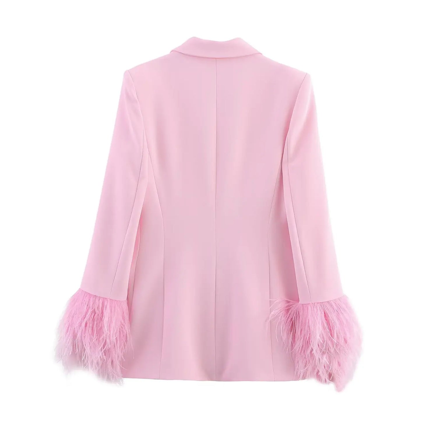 Women Fashion Pink Sets Turn-Down Collar Long Sleeves Single-Breasted Feather Blazer+High Waist Pocket Zipper Long Pants