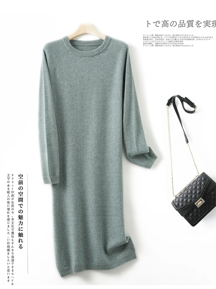 2022 Autumn Winter New Women Fashion Dress 100% Wool Warm Sweater Dress Long Sleeve Knitted Pullover Female Casual Dresses SwiftNest