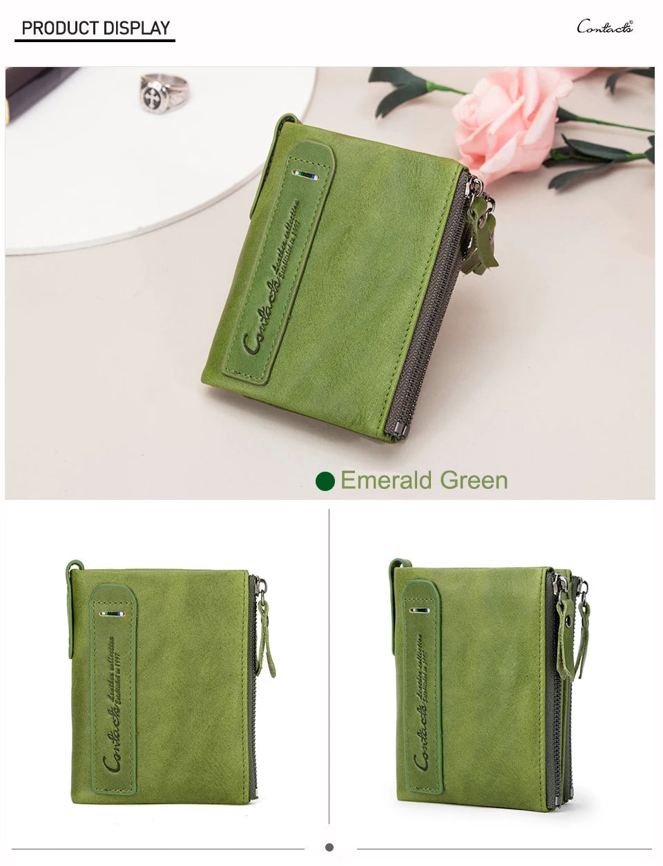 محفظة قصيرة من الجلد الأصلي للنساء من CONTACT'S، حامل بطاقات فاخر بتصميم محفظة عملات معدنية ومشبك نقود ومحفظة صغيرة للنساء والرجال