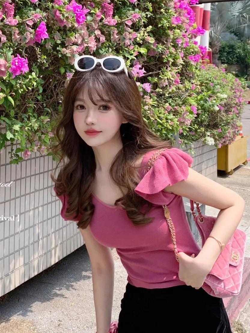 Women Clothes Summer Casual Fashion Simplicity Solid Color V-neck Tops Women's Trend All-match Sweet Temperament Slim T-Shirt SwiftNest