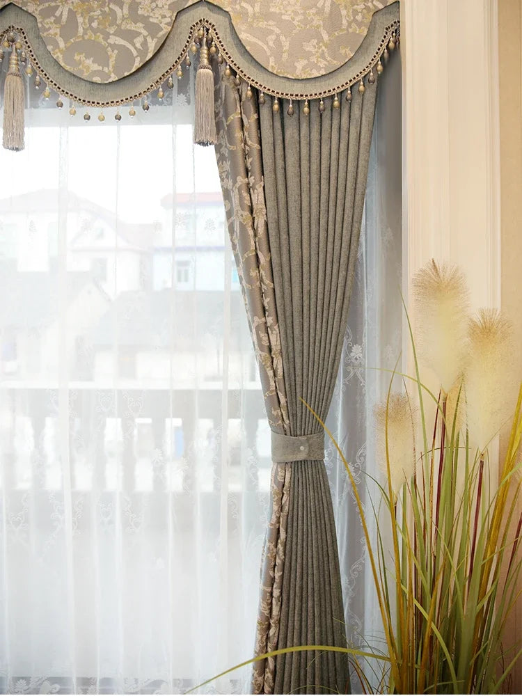 ستائر مخصصة لغرفة المعيشة، بسيطة، مزينة بدانتيل، شينيل أخضر، تطريز، ستارة من التول، قماش عالي الجودة