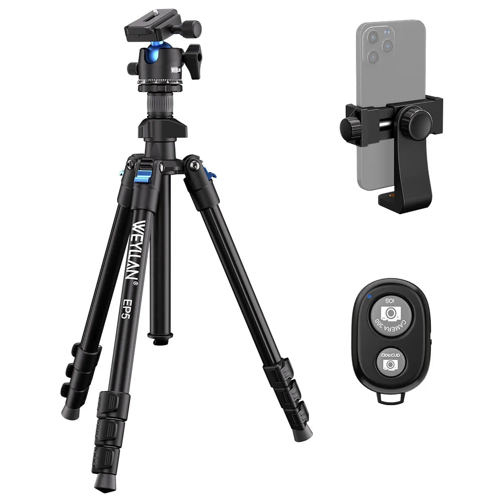حامل ثلاثي خفيف الوزن Weyllan EP5 مصنوع من سبائك الألومنيوم وحامل ثلاثي محمول برأس كروي وحامل إضاءة للتصوير الفوتوغرافي للكاميرا