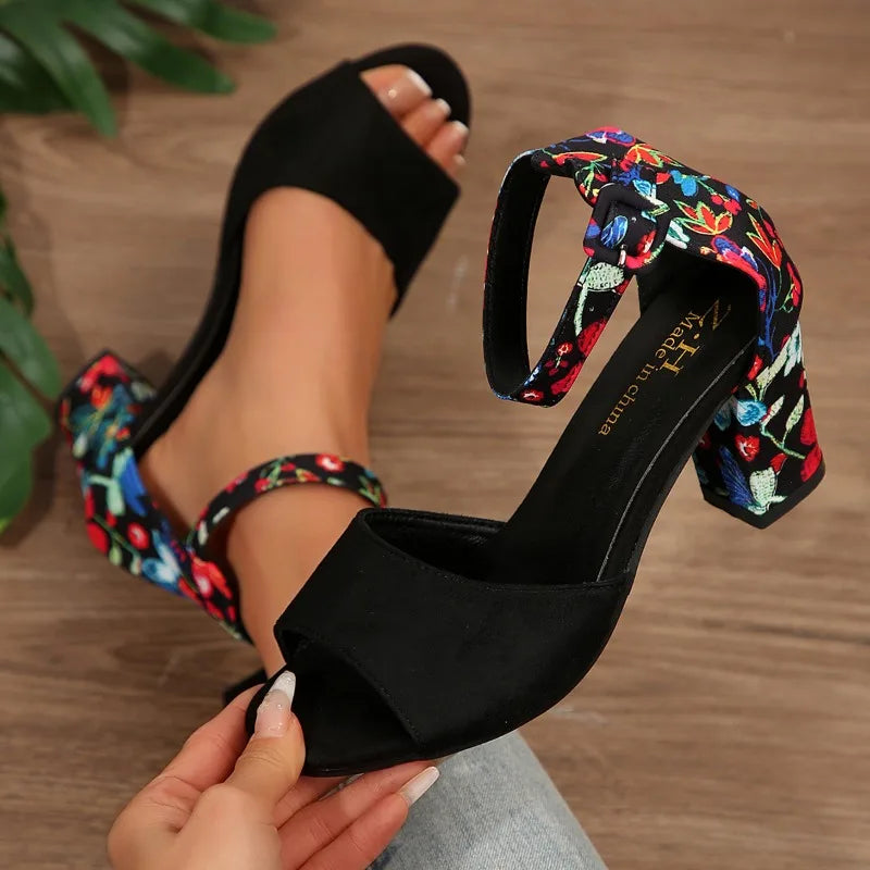 Summer New Thick Heel Sandals for Women Round Head Open-toe Line with Printed Non-slip Wear-resistant Fish Mouth High Heels