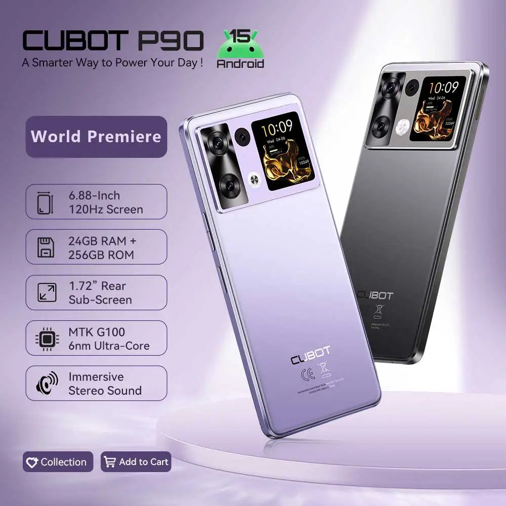 هاتف ذكي يعمل بنظام أندرويد 15 Cubot P90، شاشة 6.88 بوصة 120 هرتز، ذاكرة وصول عشوائي 24 جيجابايت + ذاكرة قراءة فقط 256 جيجابايت، معالج G100 ثماني النواة، 2.2 جيجاهرتز، كاميرا 64 ميجابكسل، بطارية 5100 مللي أمبير/ساعة، NFC، هاتف 4G