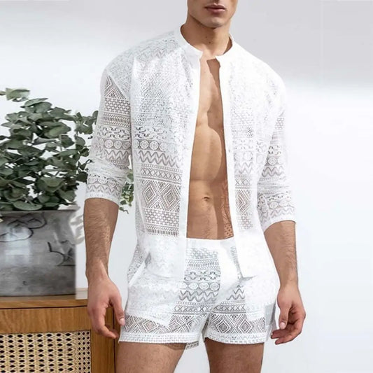 Mens Fashion Set Summer New Hollow Out Sexy Lace Shorts Pattern Print Shirt Two Piece Suits Trendy Elegant Beach Clothes Outfits
