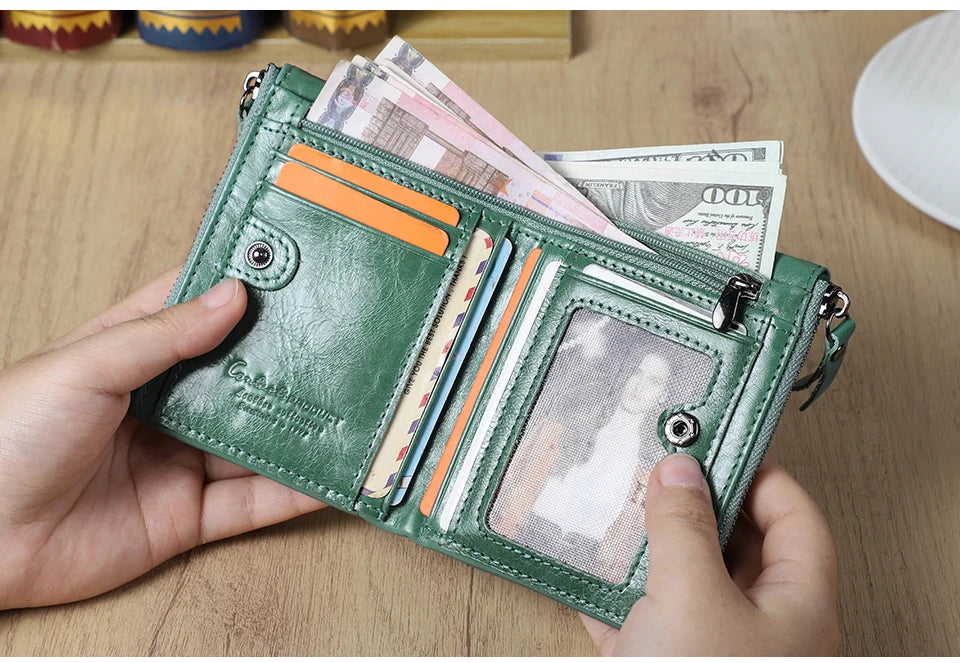 محفظة قصيرة من الجلد الأصلي للنساء من CONTACT'S، حامل بطاقات فاخر بتصميم محفظة عملات معدنية ومشبك نقود ومحفظة صغيرة للنساء والرجال