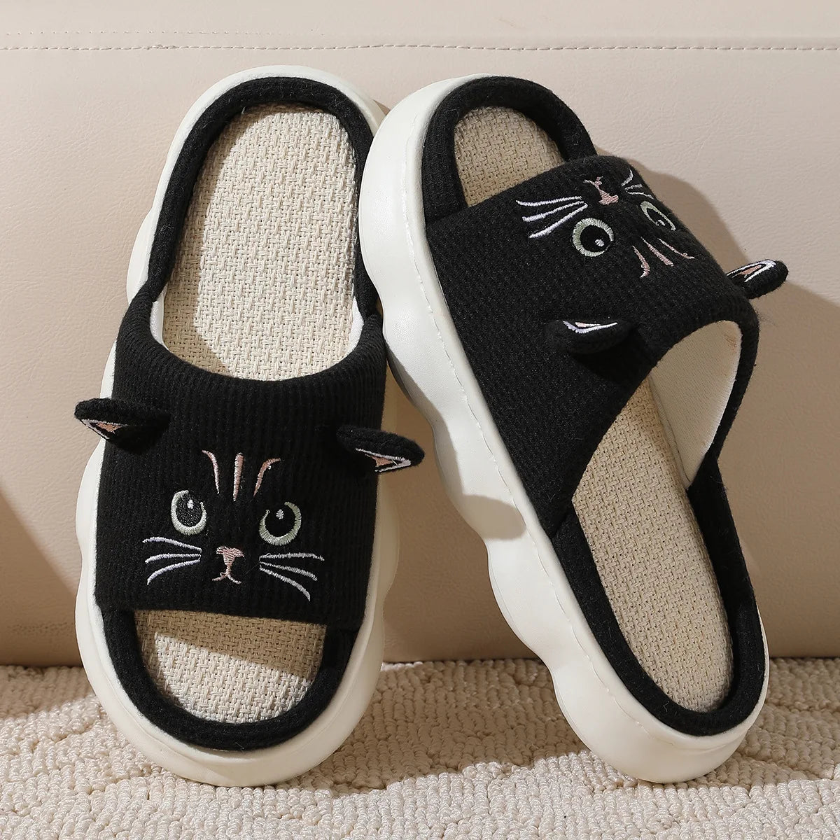 Smile Summer New Non-slip Breathable Sweat-absorbing Linen Slippers Women Thick-soled Four-season Cotton And Linen Slippers