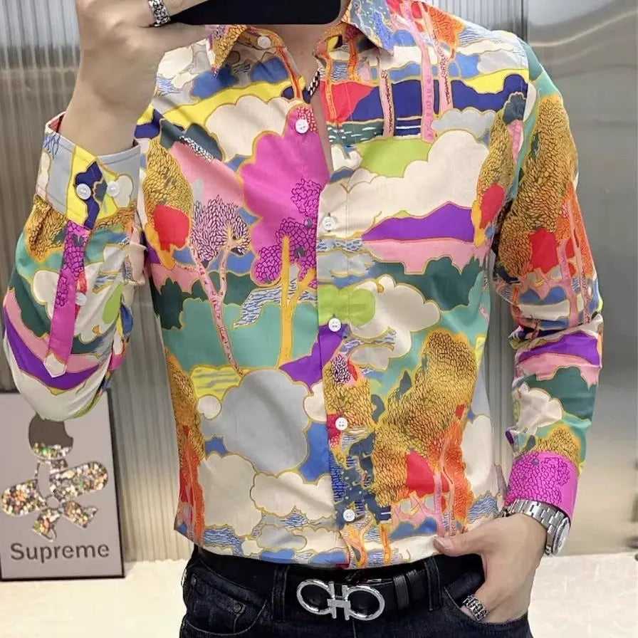 Men's Spring Autumn Fashion Trend Slim Fit Casual Floral Print Long Sleeve