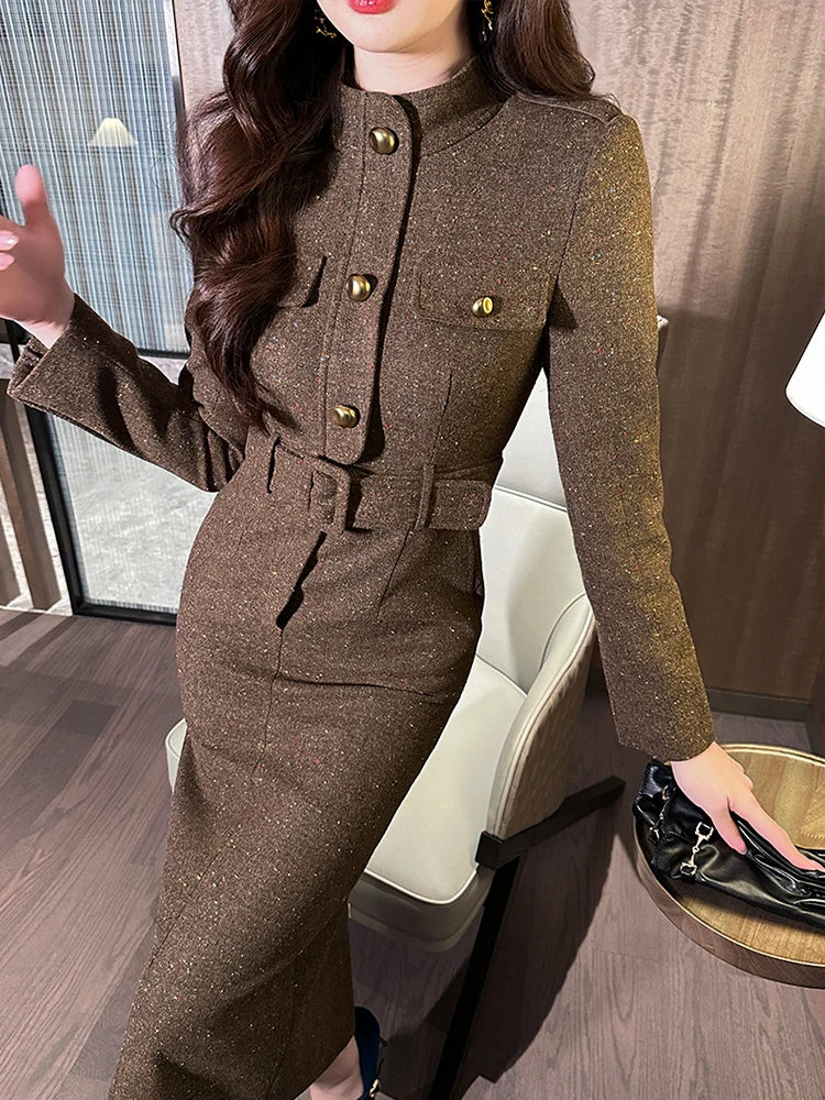 فستان رسمي أنيق للنساء، فستان نسائي احترافي عتيق بحزام صدر واحد، رداء متوسط ​​الطول، فستان حفلات عمل نسائي