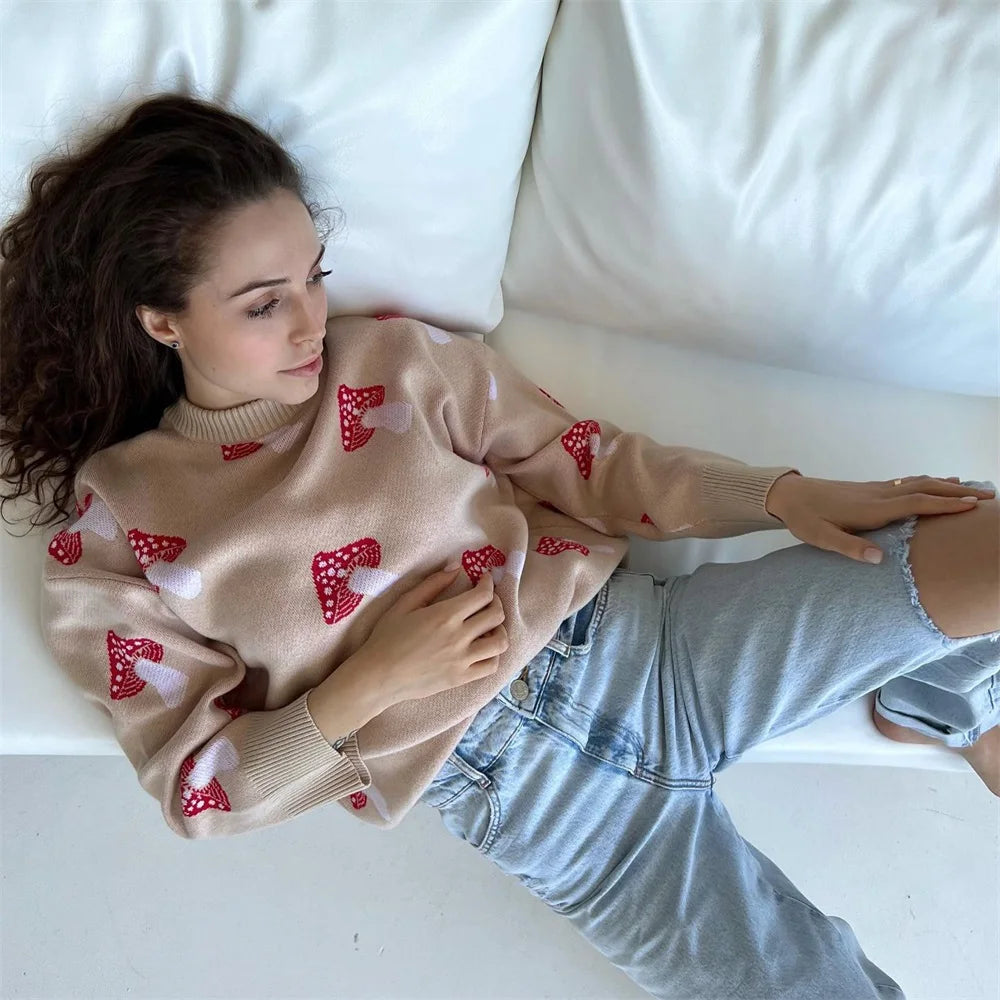 Women's Clothing Trend 2024 New Fashion Mushroom Graphic Print Sweater Long Sleeve Plus Size Tops Loose Casual Street Pullovers