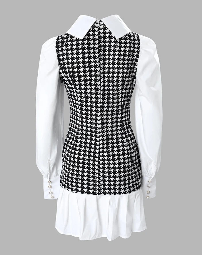 Womens Dresses 2024 Spring Fashion Houndstooth Button Decor Puff Sleeve Ruffle Hem Elegant Turn-Down Collar Daily A Line Dress SwiftNest