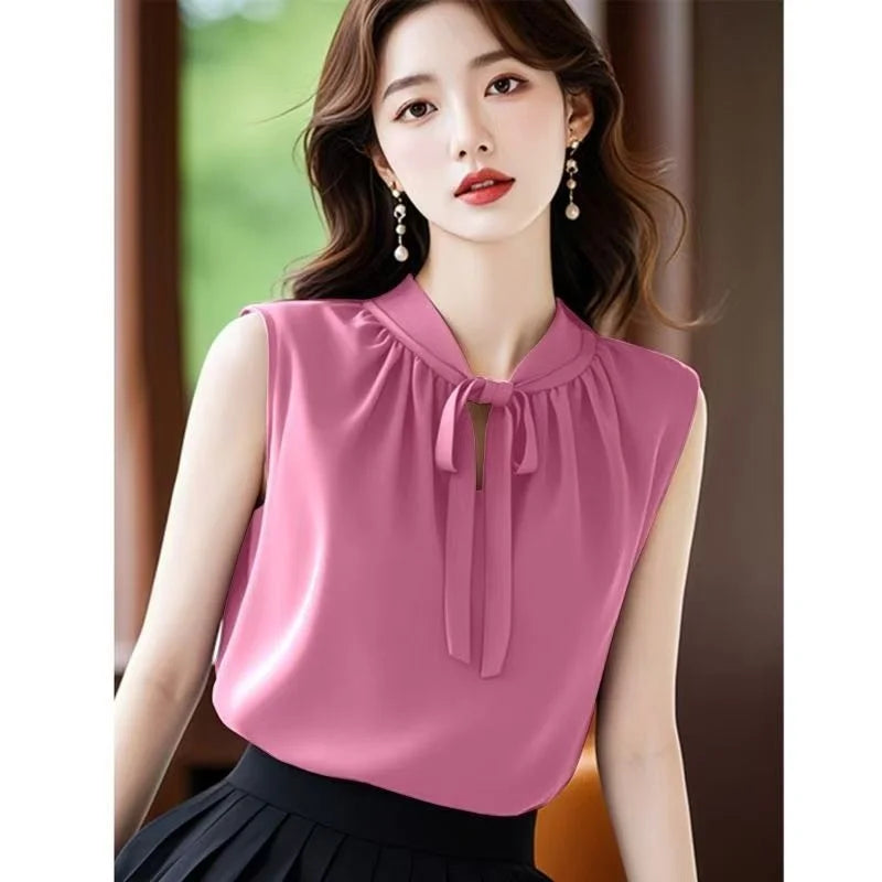 French Women Fashion Chiffon Blousees Vest Summer Ladies Bow Blouse Waistcoat High-grade Female Solid Color Sleeveless Shirts