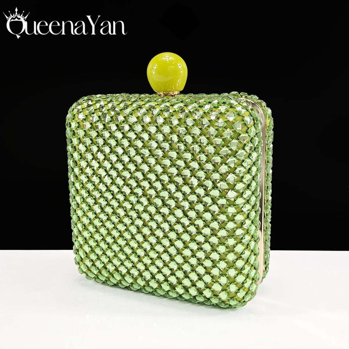 Queena Yan Italian Design Rhinestone Luxury Green Colour Pointed Toe Shoe & Bag Set Women's High Heels for Parties High Quality