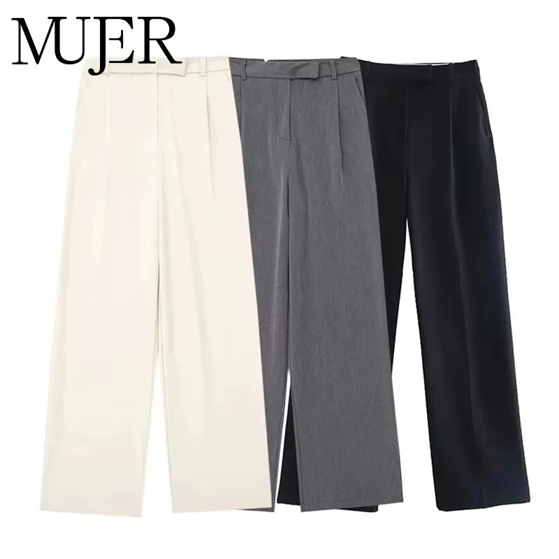 MUJER 2025 Women's Pants Beige Grey Black Wide Leg Pants Women High Waist Baggy Pants Woman Fashion Summer Office Trousers SwiftNest