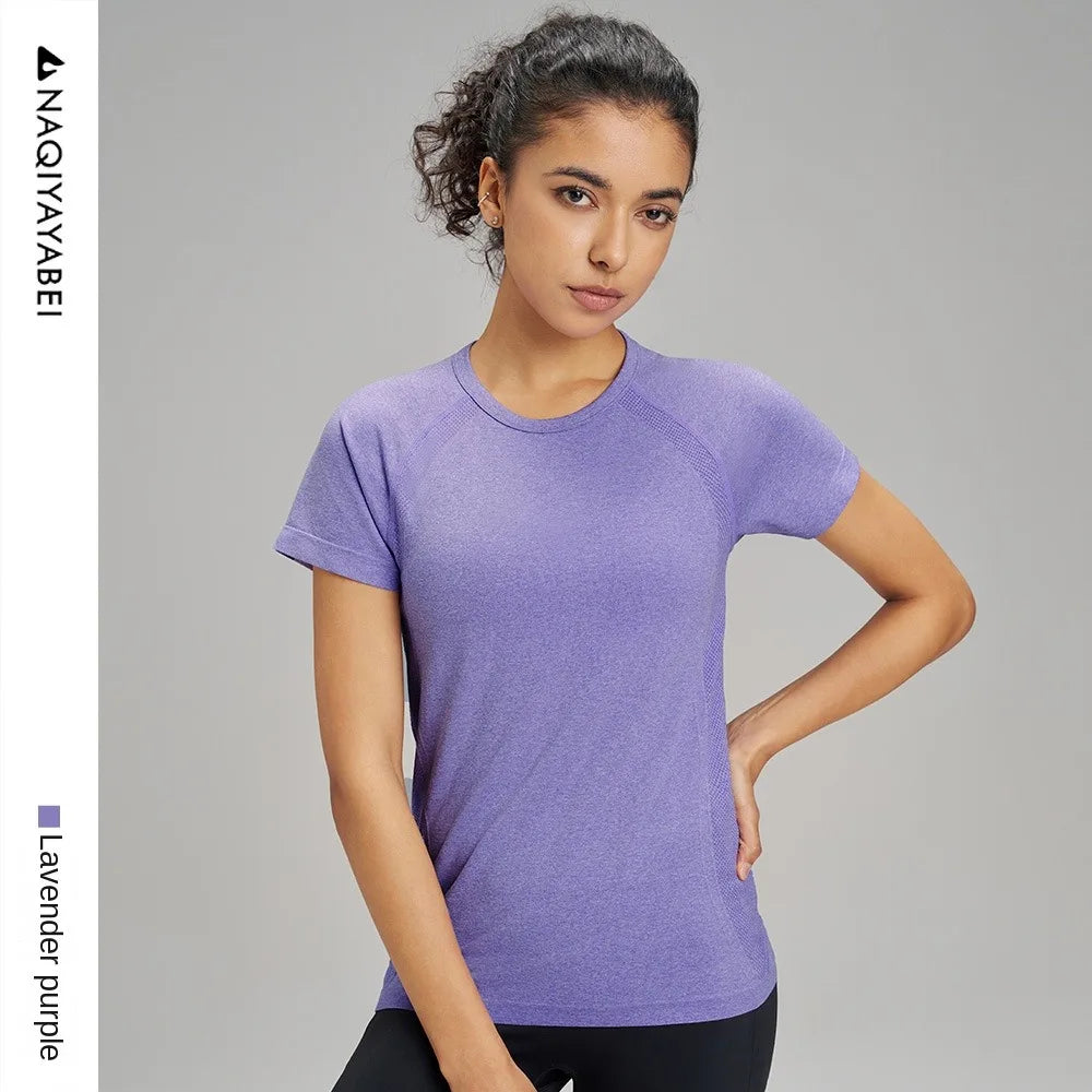 Outdoor yoga T-shirt, quick drying solid color sportswear, casual running, quick drying fitness training, short sleeved women