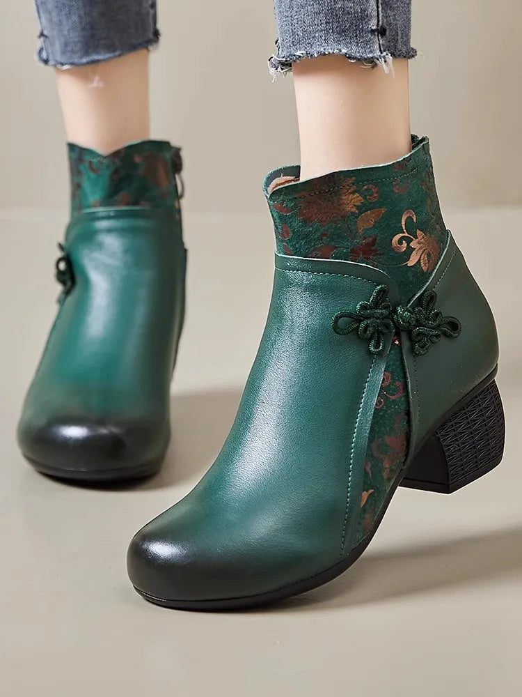 GKTINOO Genuine Leather Ankle Boots 2025 Winter New Ethnic Printed Women's Boots Soft Soles Thick Heels Mother's Leather Boots