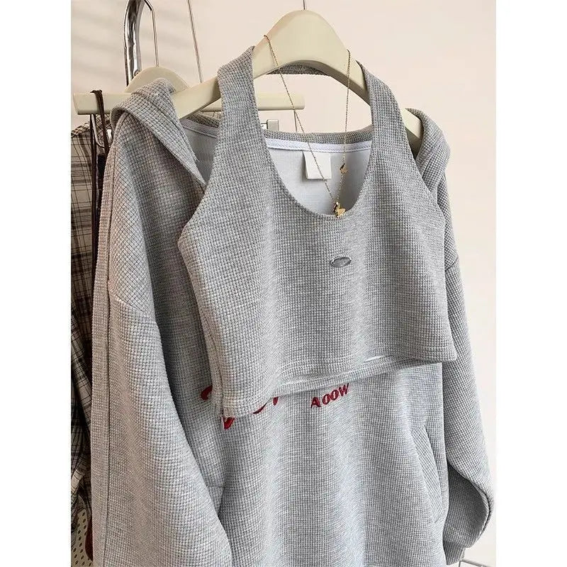 Women Clothing Winter Fashion Korean Printing Solid Color Two-piece Set Hoodies Female Fashionable Appear Thin Loose Long Sleeve