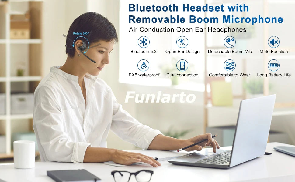 Wireless Headsets Bluetooth 5.3 Earphones Wireless Earpiece Business Headphones with Removable Microphone Open Ear Headphone New