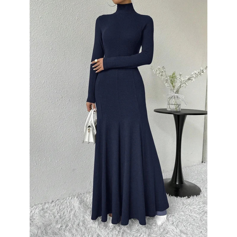 Women's Fashion Mature Style Dress Autumn Winter New High Neck Elegant Slim Fit Long Dress