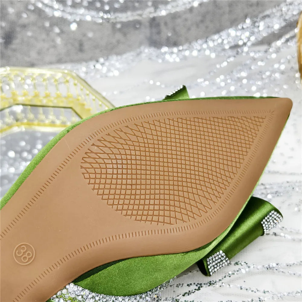 مجموعة أحذية وحقائب يد مدببة بمقدمة مدببة باللون الأخضر الزيتوني، أحذية بكعب متوسط ​​للنساء، مطرزة بأحجار الراين بتصميم إيطالي