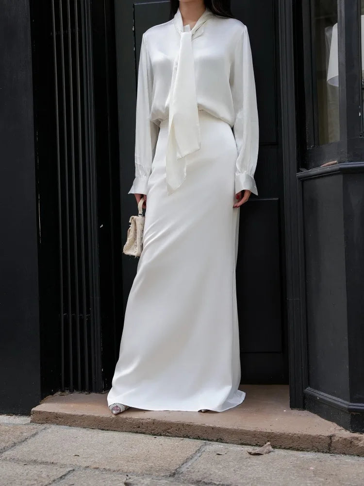 Women's Fashion Trend Sexy Goddess Level Satin Silk Feeling Floor Dragging White Fishtail Skirt Half Skirt Long Sleeved Silk Top