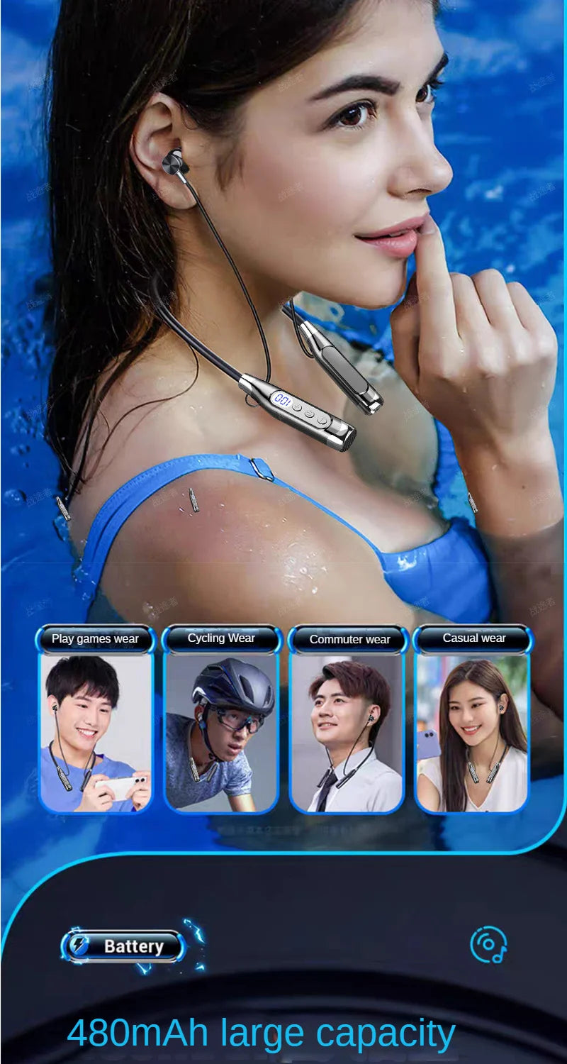 Bluetooth Headset Wireless Headphone LED Digital Display Neck-hanging Headphone Be Inserted Card Bluetooth Earbuds Sport Running