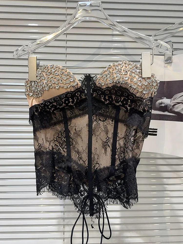 Women Versatile Fashion Outwear Vest 2025 Summer New Heavy Industry Rhinestone Nail Drill Fishbone Strapless Camisole