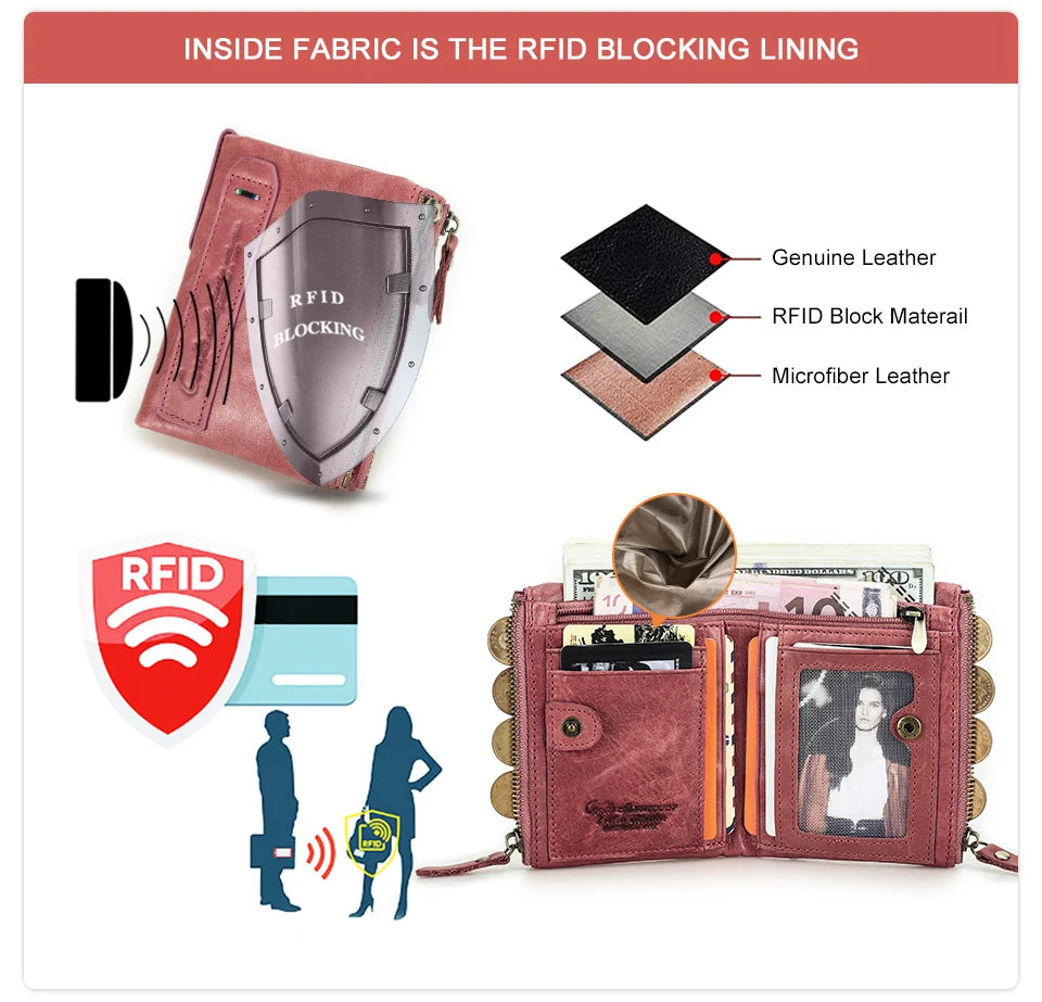 محفظة قصيرة من الجلد الأصلي للنساء من CONTACT'S، حامل بطاقات فاخر بتصميم محفظة عملات معدنية ومشبك نقود ومحفظة صغيرة للنساء والرجال