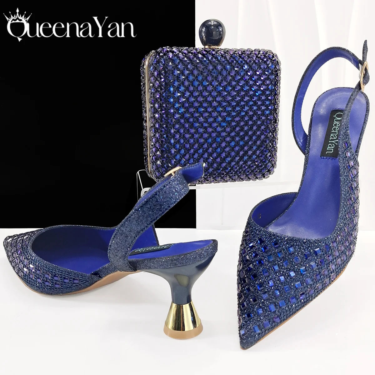 Queena Yan Italian Design Rhinestone Luxury Green Colour Pointed Toe Shoe & Bag Set Women's High Heels for Parties High Quality