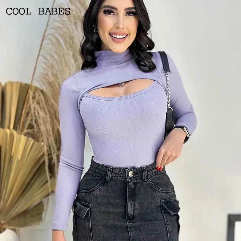 Women Fashion T-shirt New Autumn Winter Sexy Hollow Out Versatile Turtleneck Tees Casual Slim Streetwear Long Sleeves T-shirt