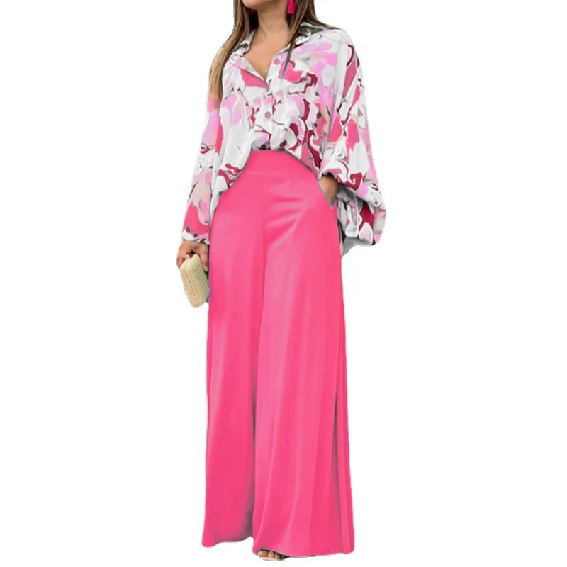 Fashion Casual Set Women 2024 Tops Shirt Elegant Wide Leg Pants Set Sense Of Design Printed Bell Sleeve Shirt Wide Leg Pants SwiftNest