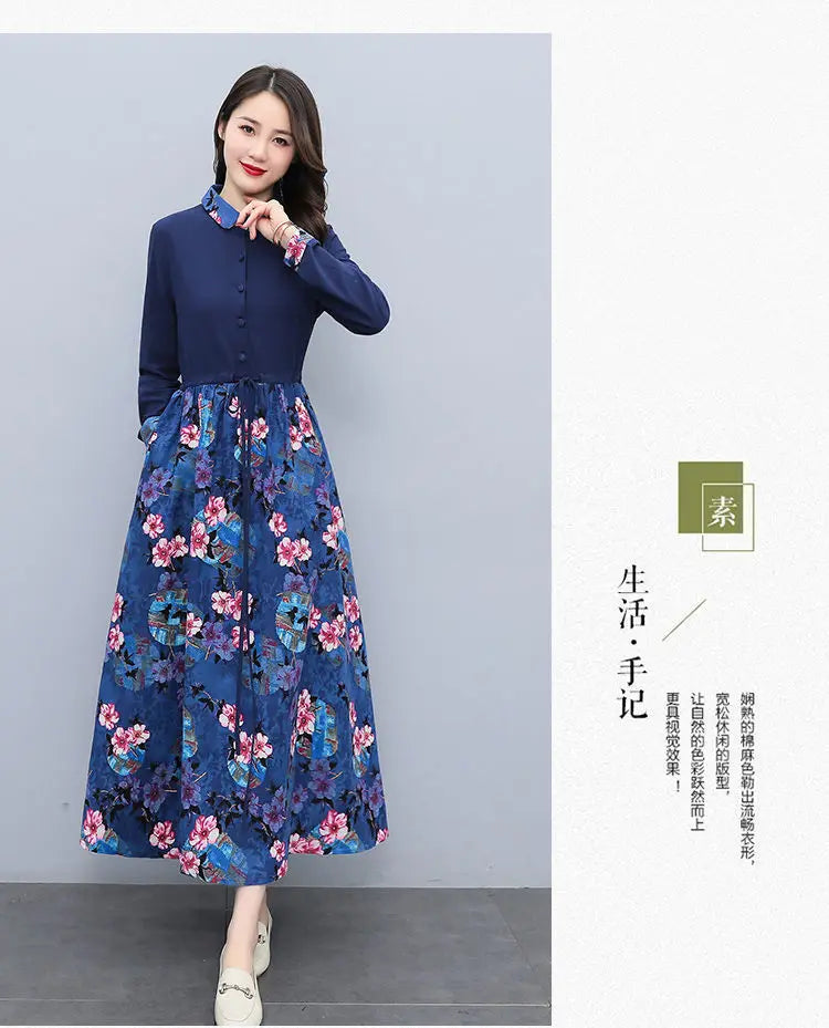 Women's Clothing Casual Printed Dresses Spring Autumn New Single-breasted Fashion Turn-down Collar Commute Drawstring Long Dress