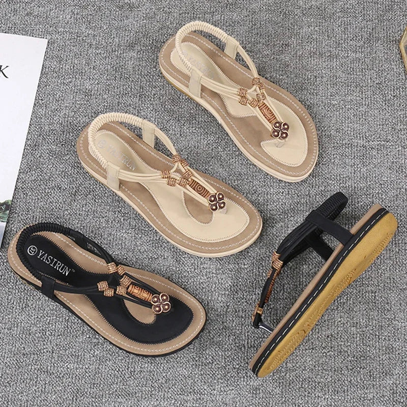 2025 Large Size36-44 Fashion Flip Flops Retro Bohemian Solid Color Flat Sandal for Women Elastic Band Slip on Shoes Summer Beach