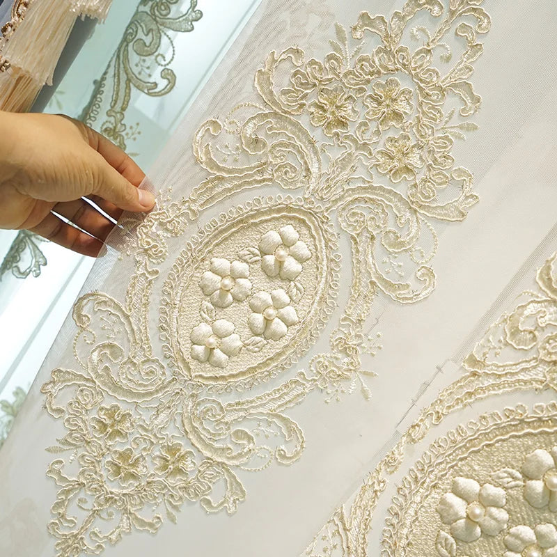 ستائر أوروبية فاخرة حديثة لغرفة المعيشة وغرفة النوم، ستارة زرقاء مخملية مزخرفة بشراشيب، ستارة مسطحة مطرزة من التول حسب الطلب